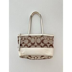 Vintage Coach Khaki Ivory Signature C Stripe Canvas Tote